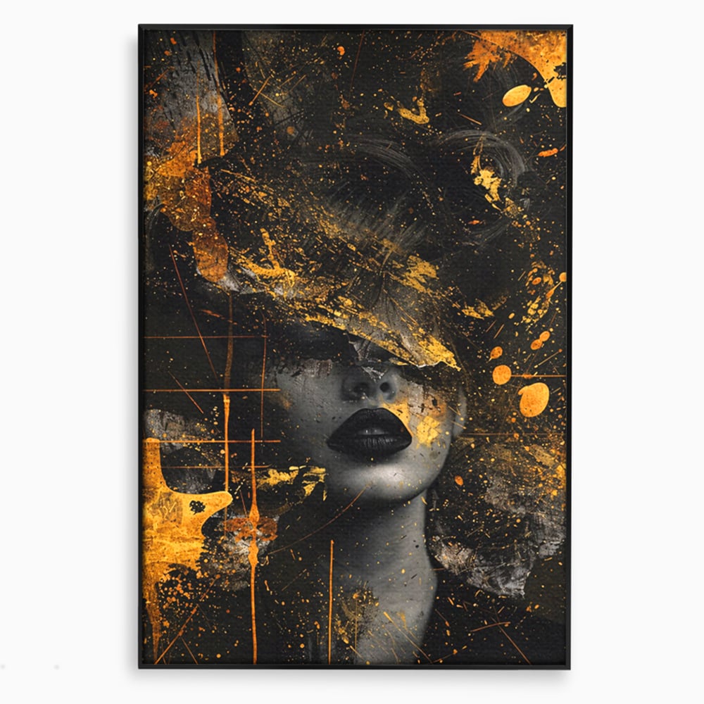 Tablou canvas cu tablou canvas cu portret feminin si pete aurii, in rama de aluminiu negru